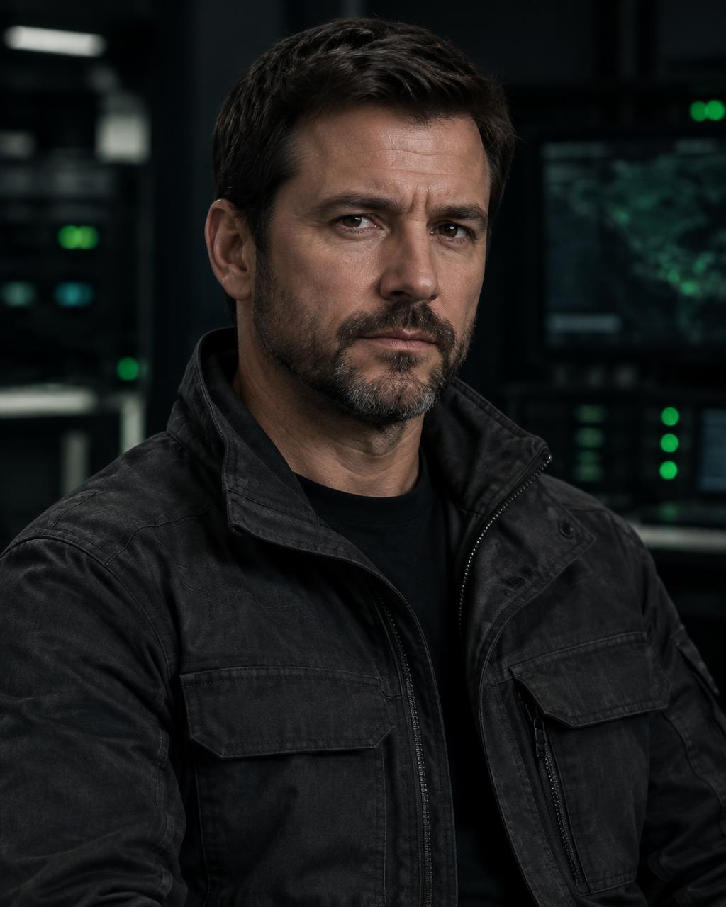 AI-styled portrait of Nathanael Dick in a dark tactical-style field jacket